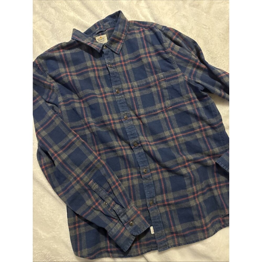 Marine Layer Shirt Mens Sz Marge Blue Check Flannel Button Up Casual
